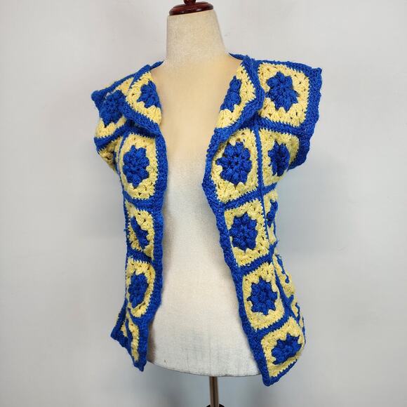 Womens Granny Square Crochet Cardigan Size M Blue Yellow Short Sleeve Hand Knit - Picture 1 of 9